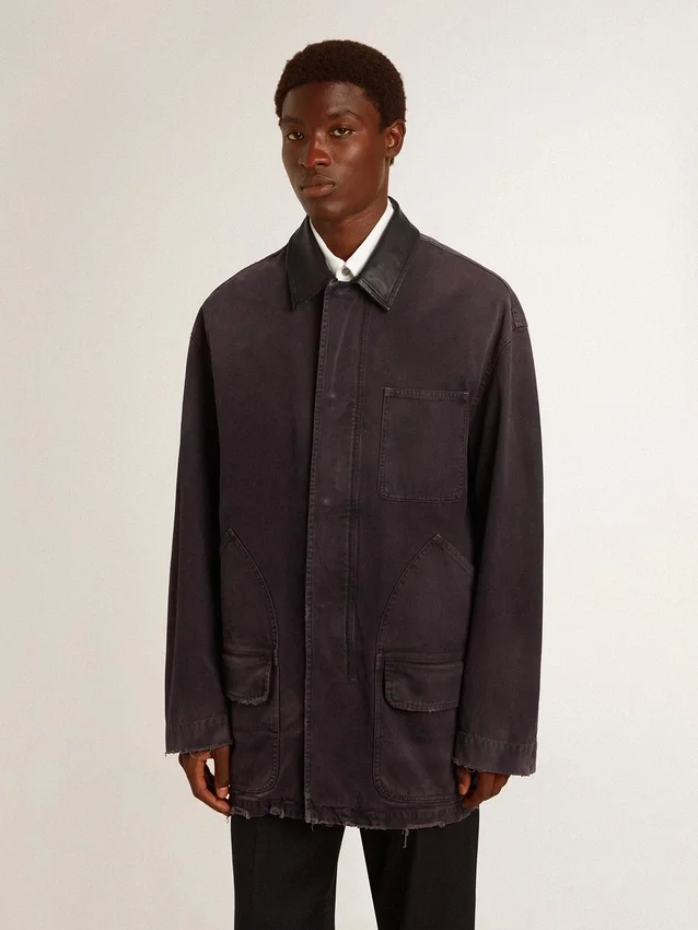 Veste en jean pour homme avec détails vieillis et col en cuir