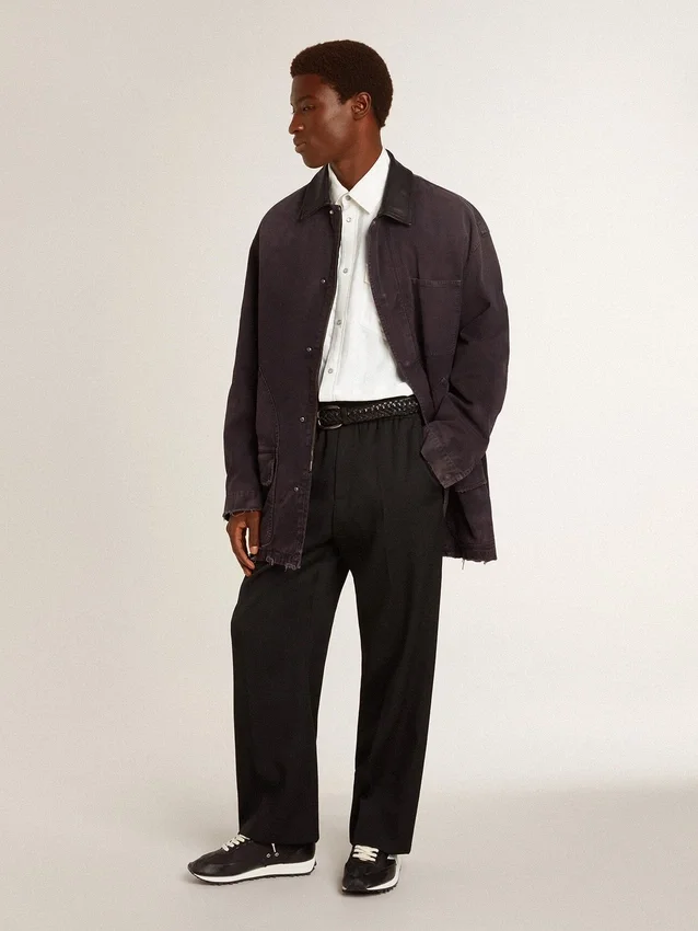 Veste en jean pour homme avec détails vieillis et col en cuir