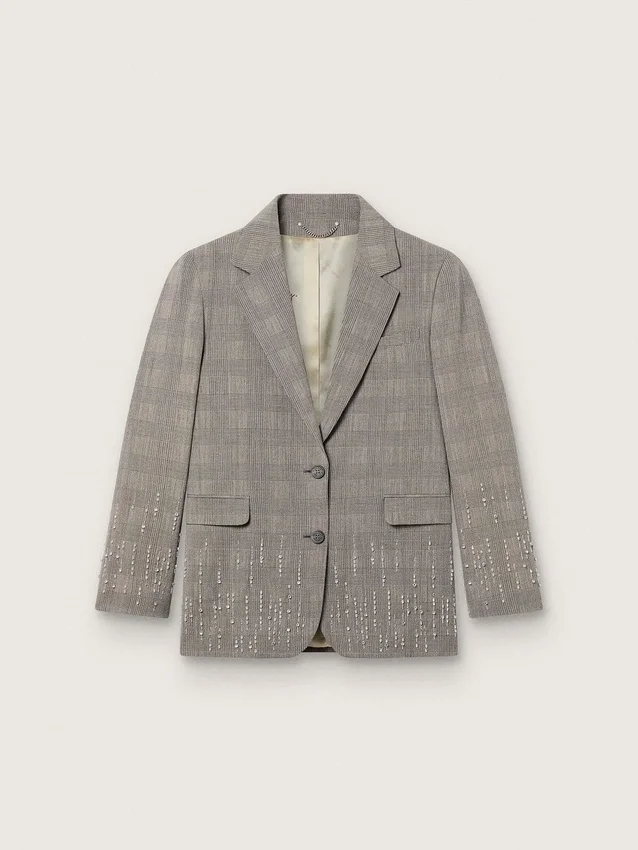 Veste femme à carreaux Prince de Galles gris avec broderies de cristaux
