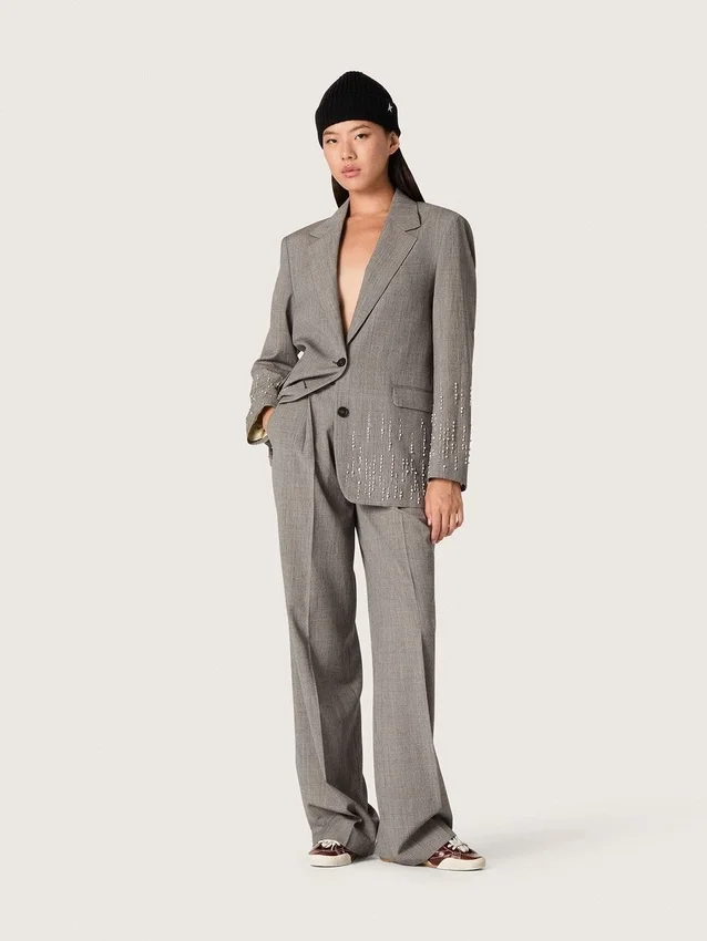 Veste femme à carreaux Prince de Galles gris avec broderies de cristaux