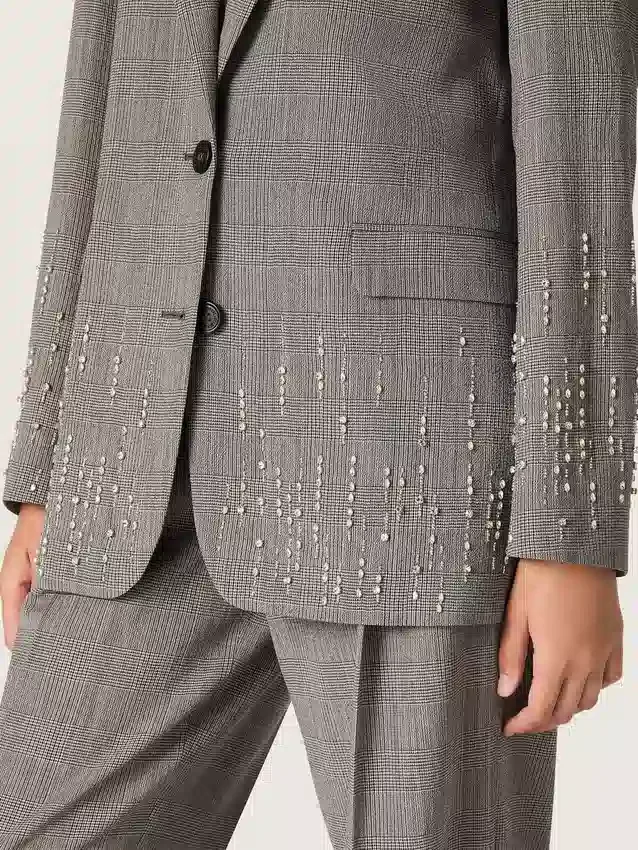 Veste femme à carreaux Prince de Galles gris avec broderies de cristaux