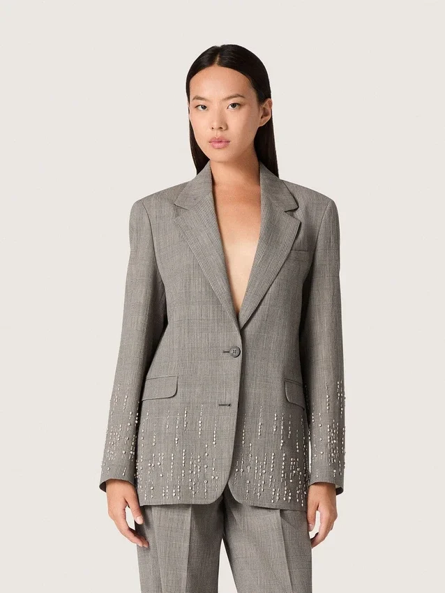 Veste femme à carreaux Prince de Galles gris avec broderies de cristaux
