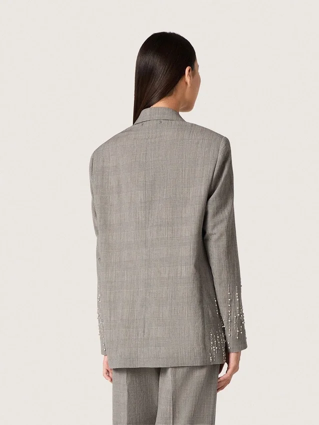 Veste femme à carreaux Prince de Galles gris avec broderies de cristaux
