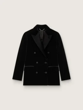 Veste femme à double boutonnage en velours noir avec revers en satin noir