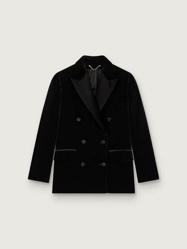 Veste femme à double boutonnage en velours noir avec revers en satin noir