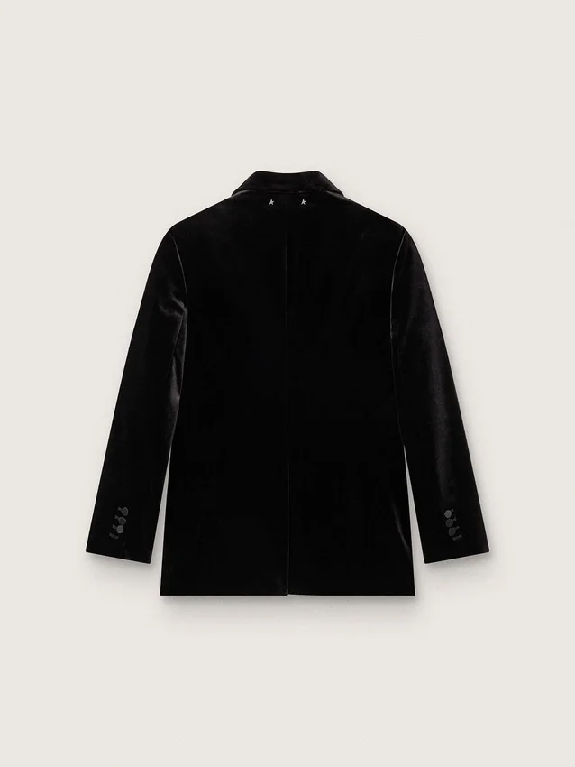 Veste femme à double boutonnage en velours noir avec revers en satin noir
