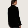 Veste femme à double boutonnage en velours noir avec revers en satin noir