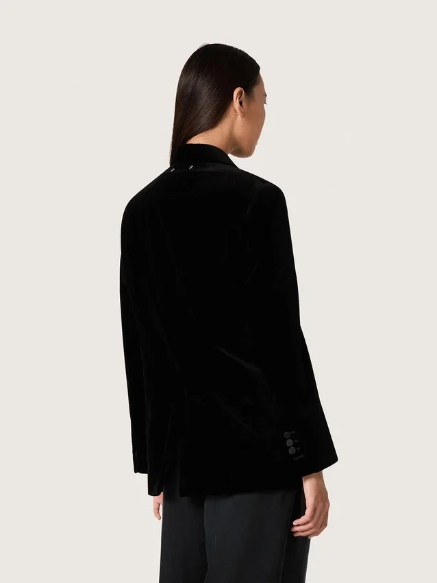 Veste femme à double boutonnage en velours noir avec revers en satin noir