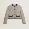 Veste femme en laine et soie grise avec bordures en daim noir