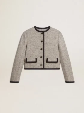 Veste femme en laine et soie grise avec bordures en daim noir
