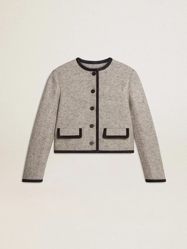 Veste femme en laine et soie grise avec bordures en daim noir