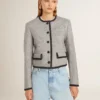 Veste femme en laine et soie grise avec bordures en daim noir