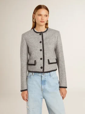 Veste femme en laine et soie grise avec bordures en daim noir