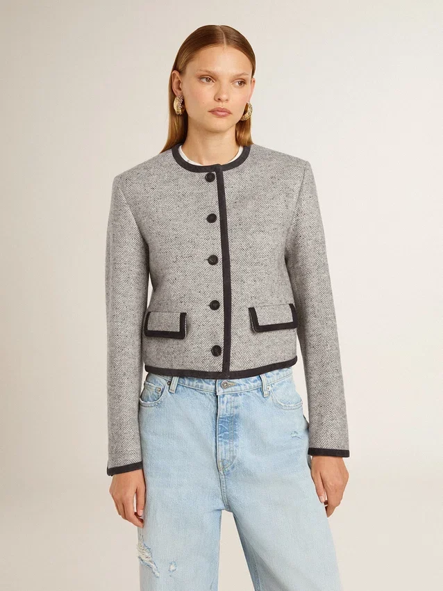 Veste femme en laine et soie grise avec bordures en daim noir
