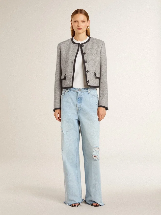 Veste femme en laine et soie grise avec bordures en daim noir