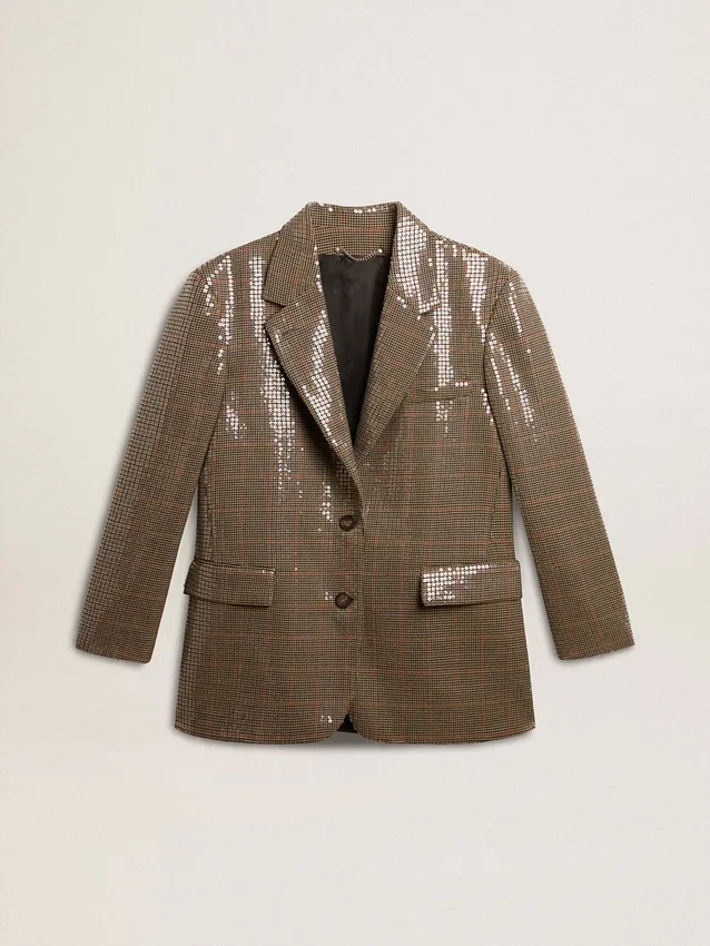 Veste femme à motif pied-de-poule entièrement brodée de paillettes