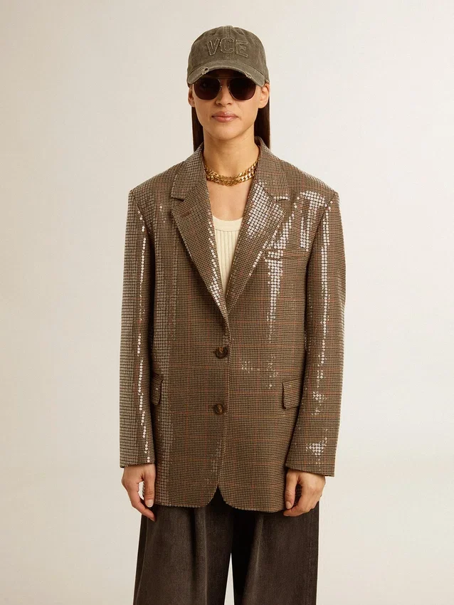 Veste femme à motif pied-de-poule entièrement brodée de paillettes