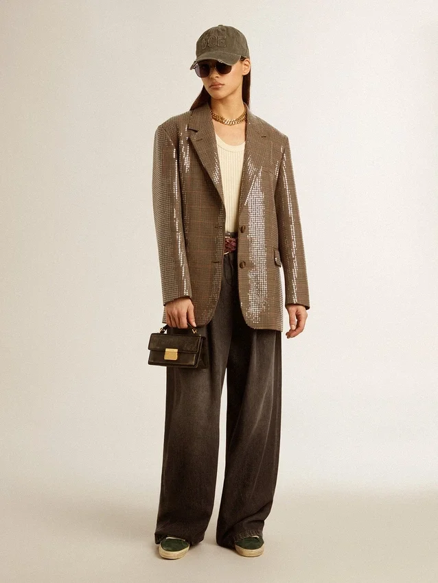 Veste femme à motif pied-de-poule entièrement brodée de paillettes