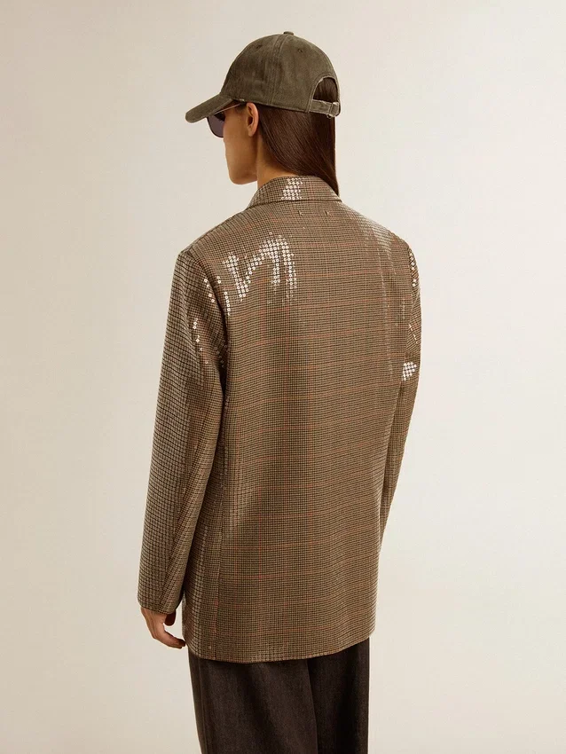 Veste femme à motif pied-de-poule entièrement brodée de paillettes