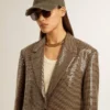 Veste femme à motif pied-de-poule entièrement brodée de paillettes