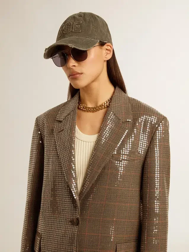 Veste femme à motif pied-de-poule entièrement brodée de paillettes