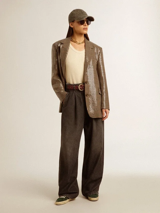 Veste femme à motif pied-de-poule entièrement brodée de paillettes