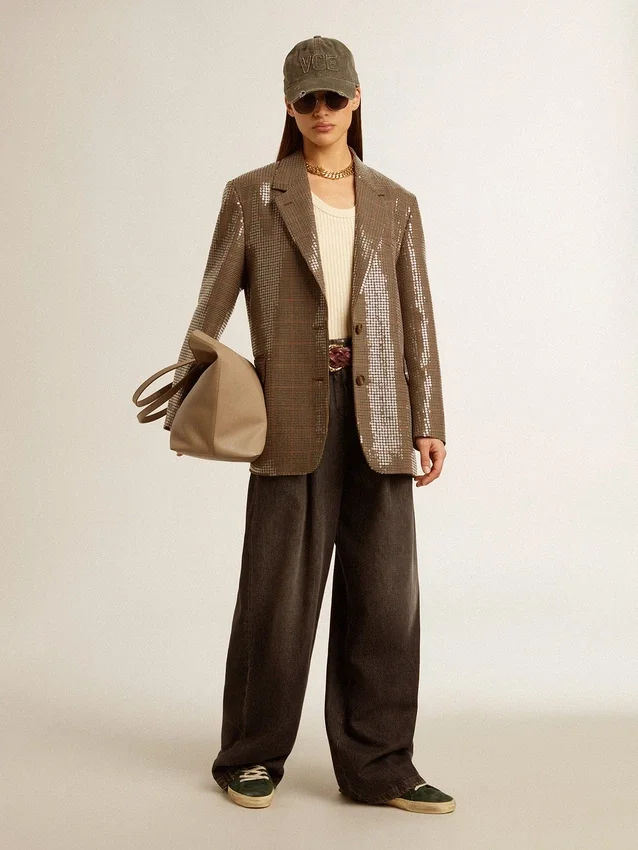 Veste femme à motif pied-de-poule entièrement brodée de paillettes