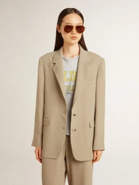 Veste femme à simple boutonnage, à fines rayures beiges, coupe oversize