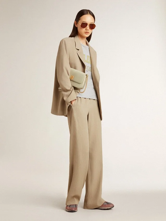 Veste femme à simple boutonnage, à fines rayures beiges, coupe oversize