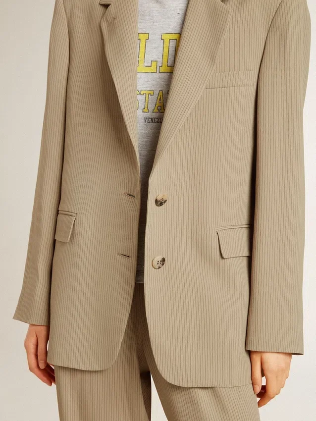 Veste femme à simple boutonnage, à fines rayures beiges, coupe oversize