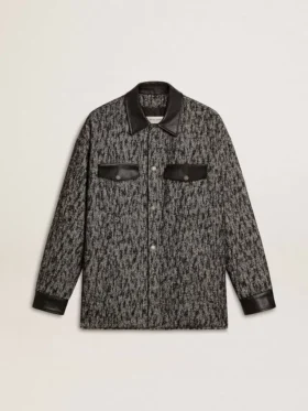 Veste grise à chevrons avec détails en cuir noir