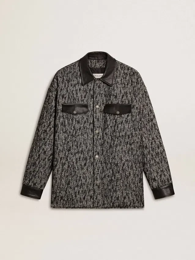 Veste grise à chevrons avec détails en cuir noir
