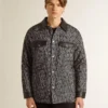 Veste grise à chevrons avec détails en cuir noir