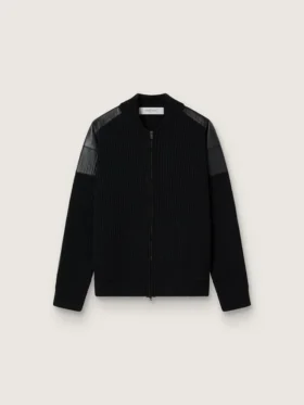 Veste homme en laine mérinos noire avec empiècements en cuir
