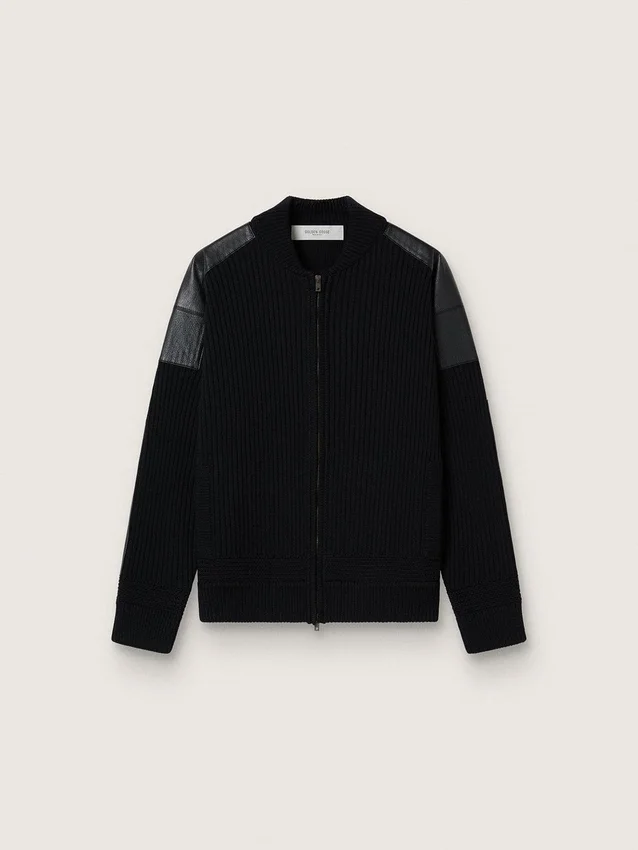 Veste homme en laine mérinos noire avec empiècements en cuir