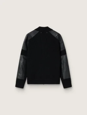 Veste homme en laine mérinos noire avec empiècements en cuir