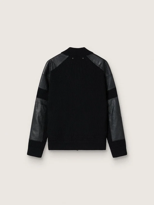 Veste homme en laine mérinos noire avec empiècements en cuir