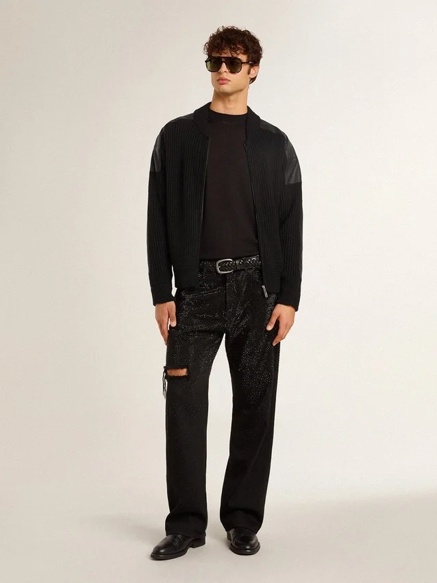 Veste homme en laine mérinos noire avec empiècements en cuir