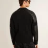 Veste homme en laine mérinos noire avec empiècements en cuir