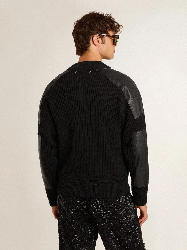 Veste homme en laine mérinos noire avec empiècements en cuir