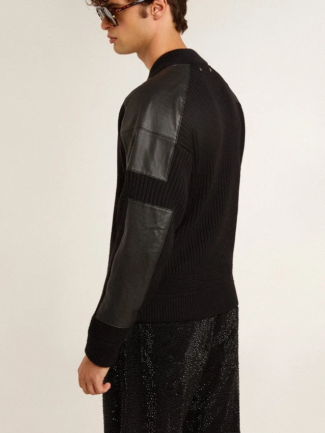 Veste homme en laine mérinos noire avec empiècements en cuir