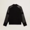 Veste homme en laine mérinos noire avec empiècements en cuir