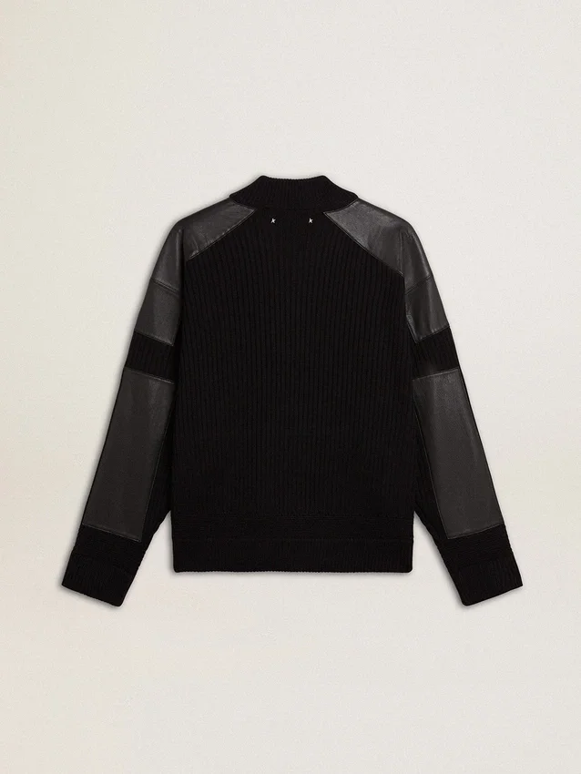 Veste homme en laine mérinos noire avec empiècements en cuir