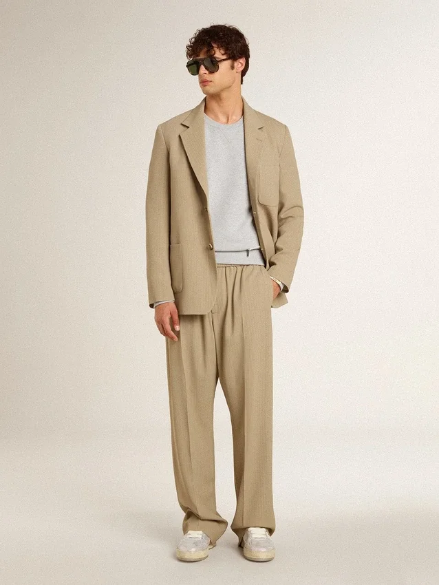 Veste homme à simple boutonnage beige à fines rayures, coupe oversize