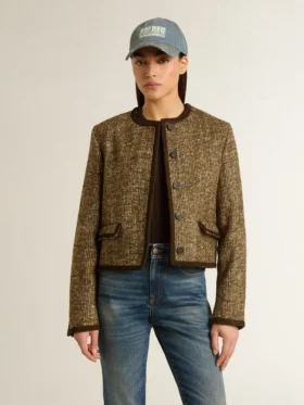 Veste Journey pour femme en tweed de laine avec détails en daim couleur café