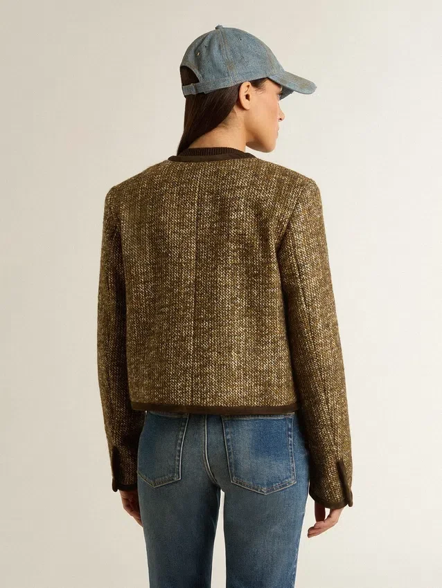 Veste Journey pour femme en tweed de laine avec détails en daim couleur café