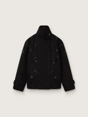 Veste oversize pour femme en sergé de coton noir avec broderie florale en paillettes