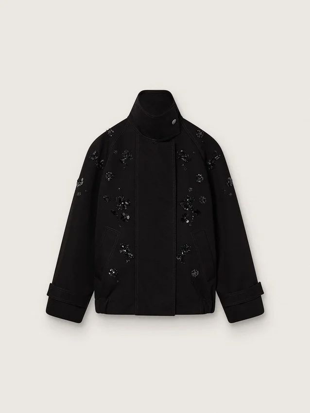 Veste oversize pour femme en sergé de coton noir avec broderie florale en paillettes