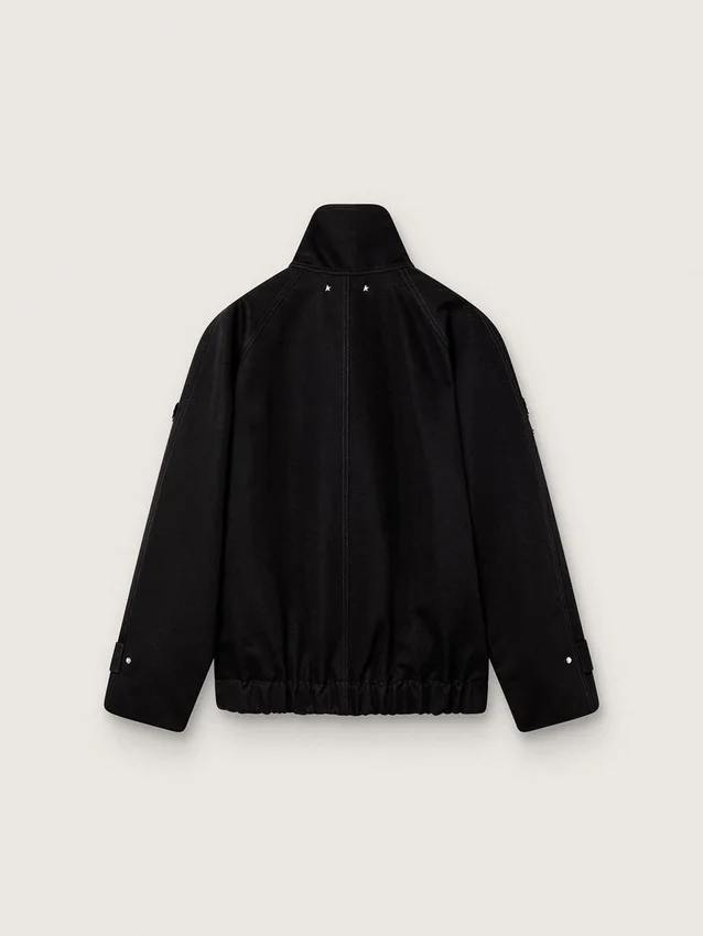Veste oversize pour femme en sergé de coton noir avec broderie florale en paillettes