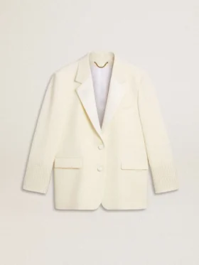 Veste oversize à simple boutonnage, blanche, effet soie et broderies